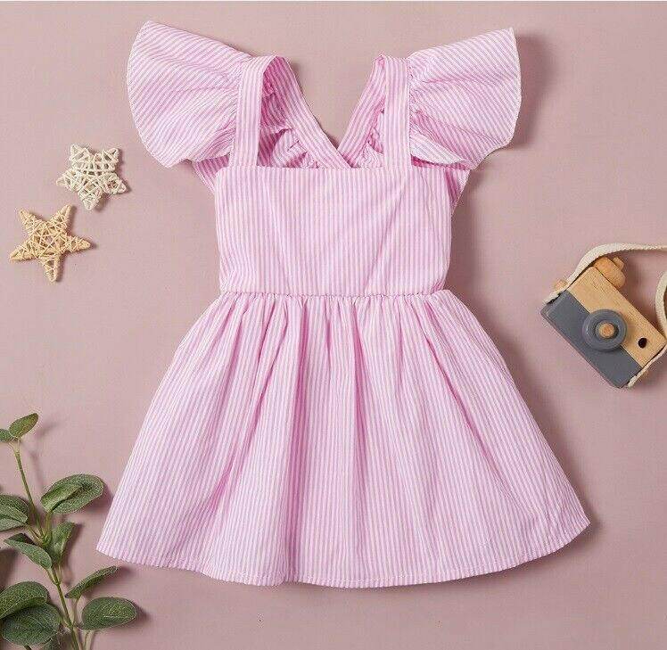 NEW Size 6-9 months Baby Girls Dress Pink Stripe Flutter Sleeve Baby Dress - MARIGOLD