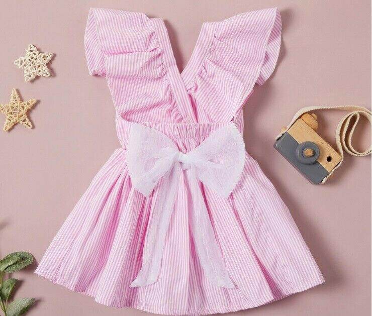 NEW Size 6-9 months Baby Girls Dress Pink Stripe Flutter Sleeve Baby Dress - MARIGOLD