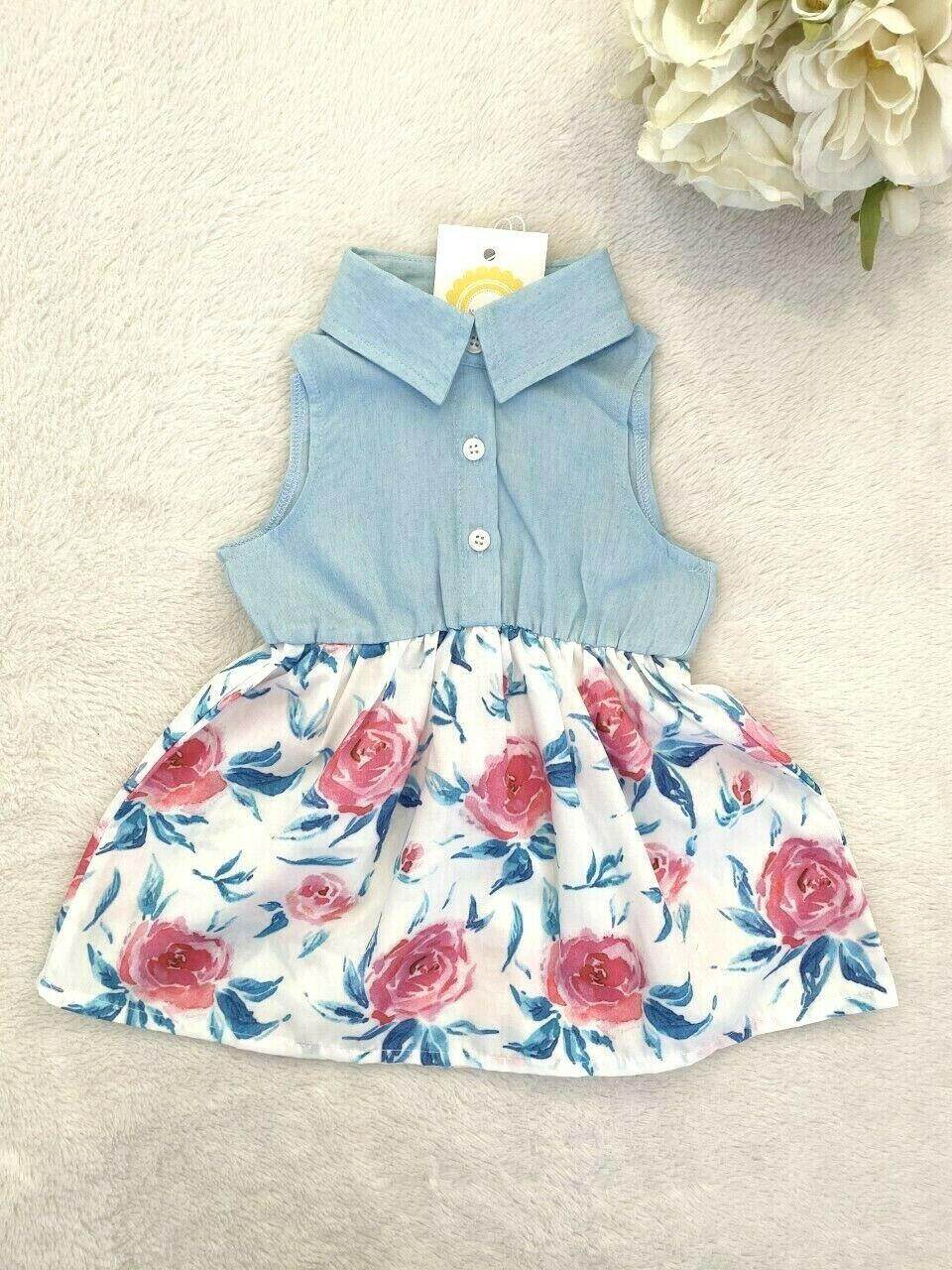NEW Size 9-12 months Baby Dress Pretty Chambray Floral Dress Baby Clothing - MARIGOLD