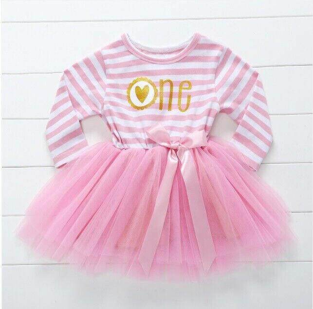size 1 year toddler girls dress pink & white striped 'one heart' tulle dress - MARIGOLD