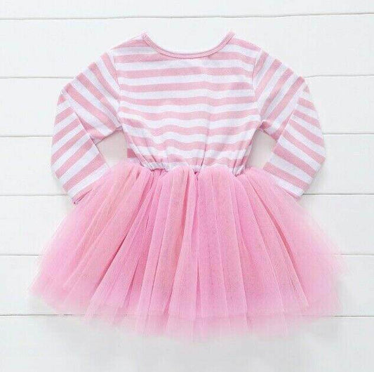 size 1 year toddler girls dress pink & white striped 'one heart' tulle dress - MARIGOLD