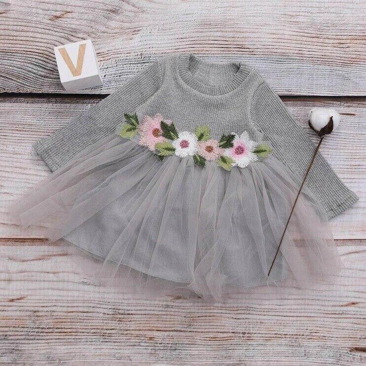 size 12-18 months new girls dress grey long sleeve flower waist tulle dress - MARIGOLD