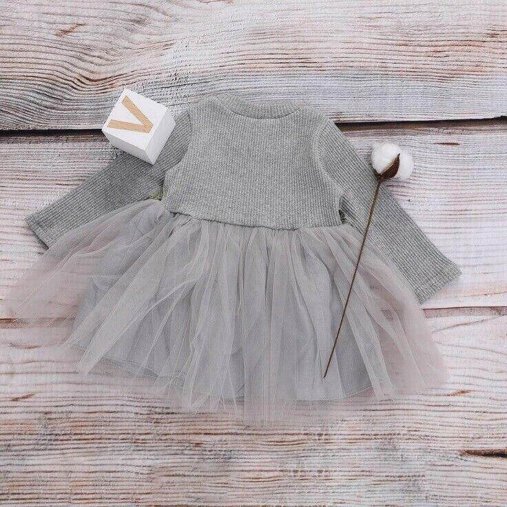 size 12-18 months new girls dress grey long sleeve flower waist tulle dress - MARIGOLD
