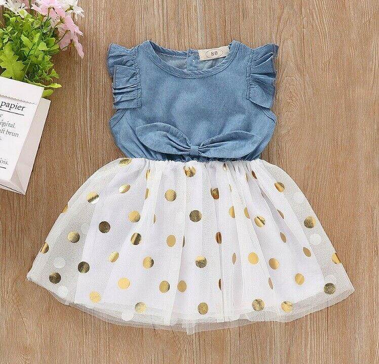 size 18-24 months girls dress new chambray gold polka dot girls tulle dress - MARIGOLD