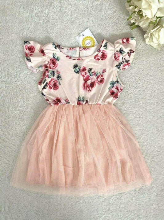 size 18-24 months new girls dress pink rose flutter sleeve tulle girls dress - MARIGOLD