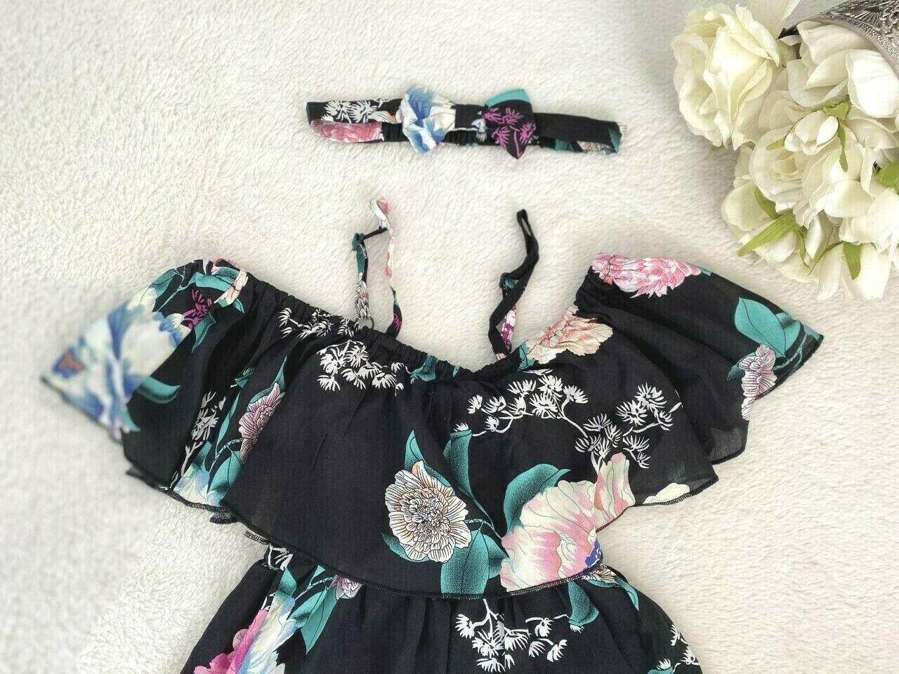 size 2 years new girls dress black floral flounce girls dress & headband set - MARIGOLD