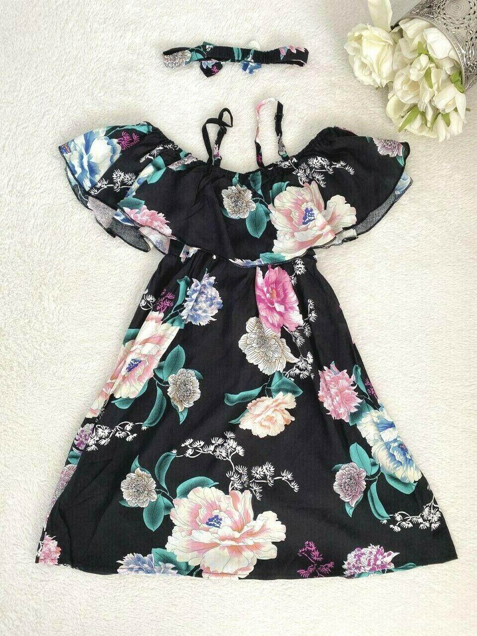 size 2 years new girls dress black floral flounce girls dress & headband set - MARIGOLD