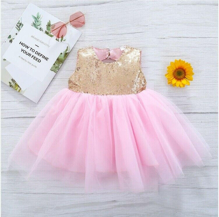 Size 3-4 Years Girls Dress New Sparkly Gold Sequin Pink Tulle Girls Dress - MARIGOLD