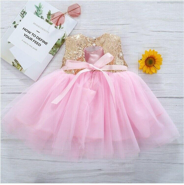 Size 3-4 Years Girls Dress New Sparkly Gold Sequin Pink Tulle Girls Dress - MARIGOLD