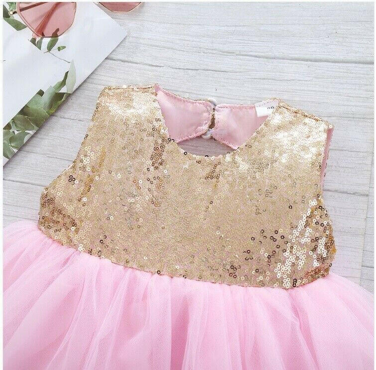 Size 3-4 Years Girls Dress New Sparkly Gold Sequin Pink Tulle Girls Dress - MARIGOLD