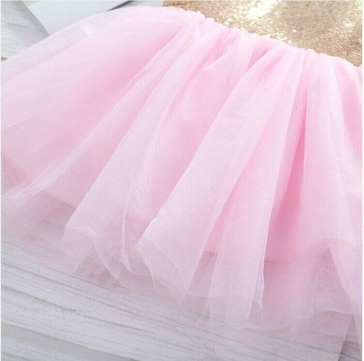 Size 3-4 Years Girls Dress New Sparkly Gold Sequin Pink Tulle Girls Dress - MARIGOLD