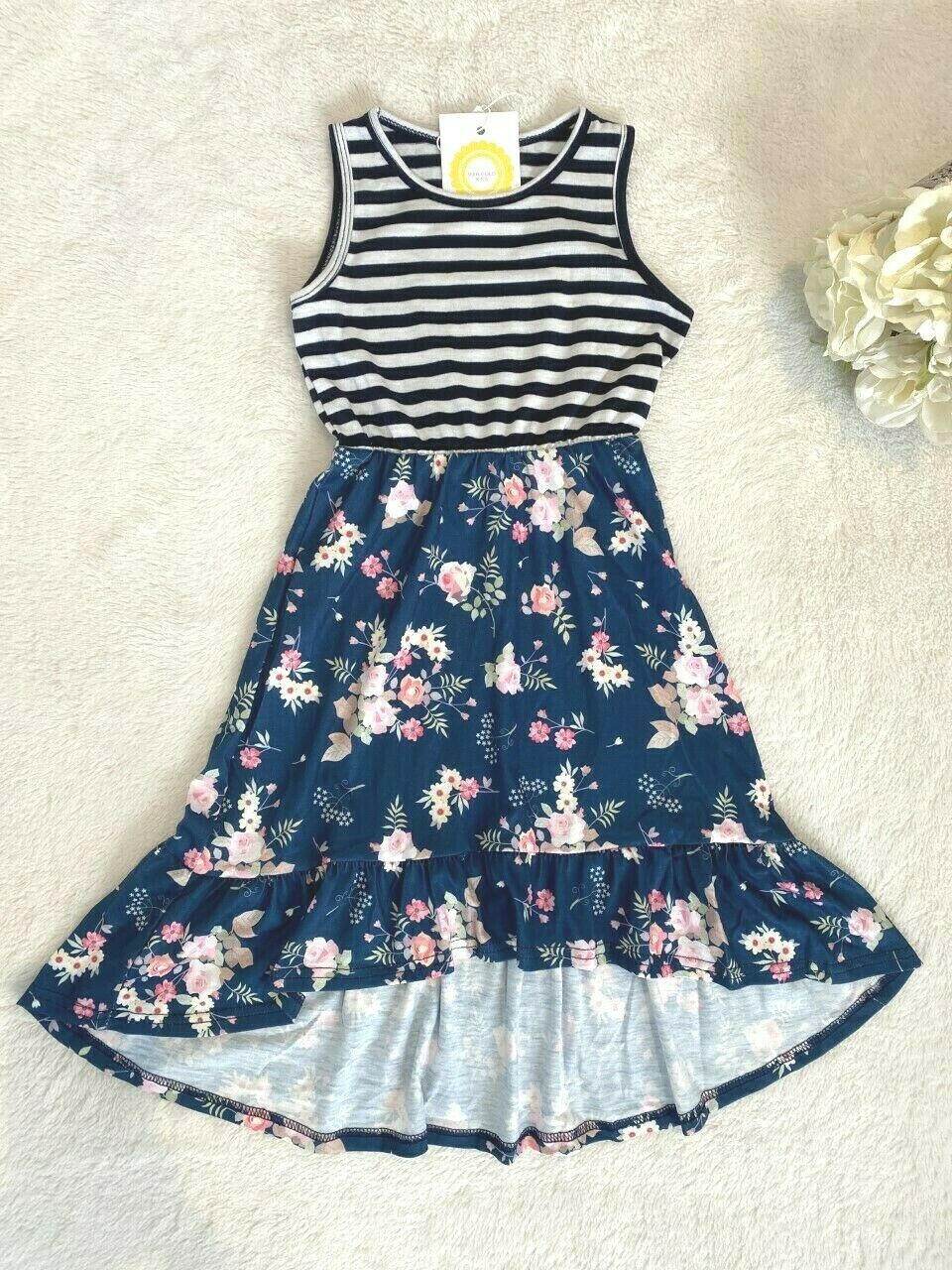 size 3-4 years new girls dress navy blue stripe floral high low girls dress - MARIGOLD