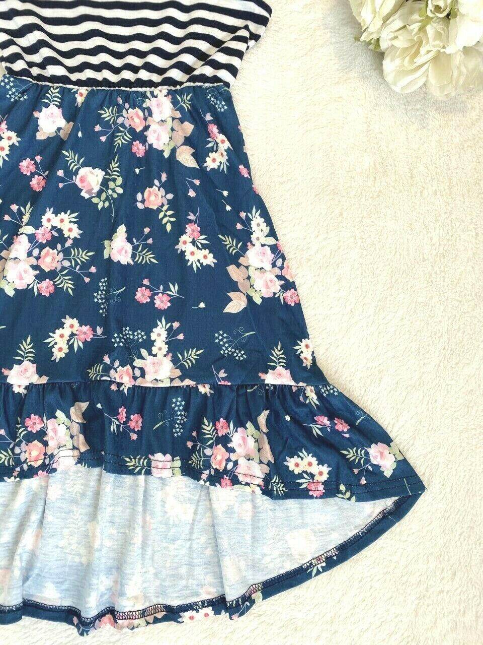 size 3-4 years new girls dress navy blue stripe floral high low girls dress - MARIGOLD