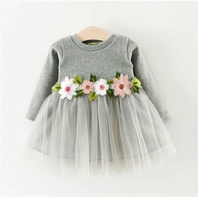 size 3-6 months new baby girls dress grey long sleeve flower tulle dress - MARIGOLD