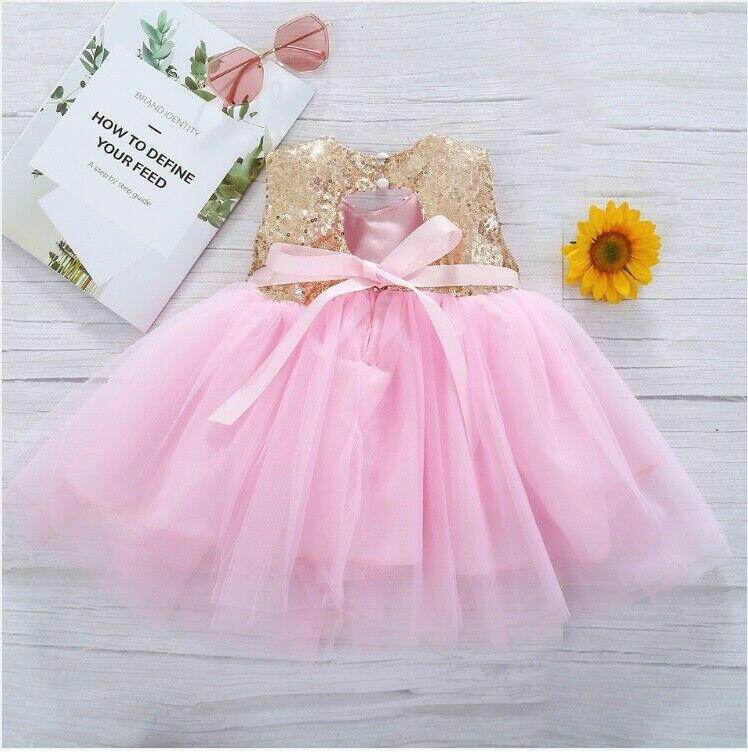 Size 4-5 Years Girls Dress New Sparkly Gold Sequin Pink Tulle Girls Dress - MARIGOLD
