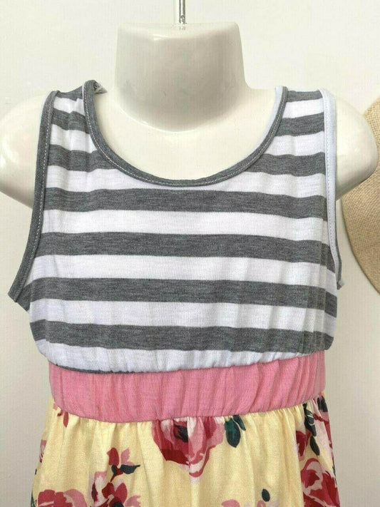 size 4-5 years new girls dress grey stripe bodice yellow & pink floral dress - MARIGOLD