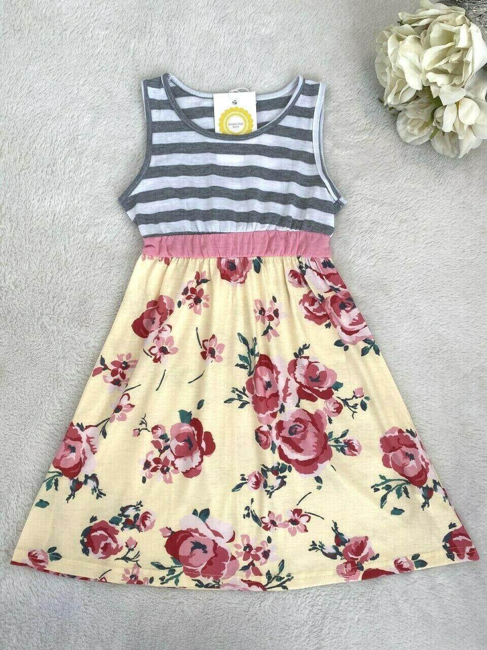 size 4-5 years new girls dress grey stripe bodice yellow & pink floral dress - MARIGOLD