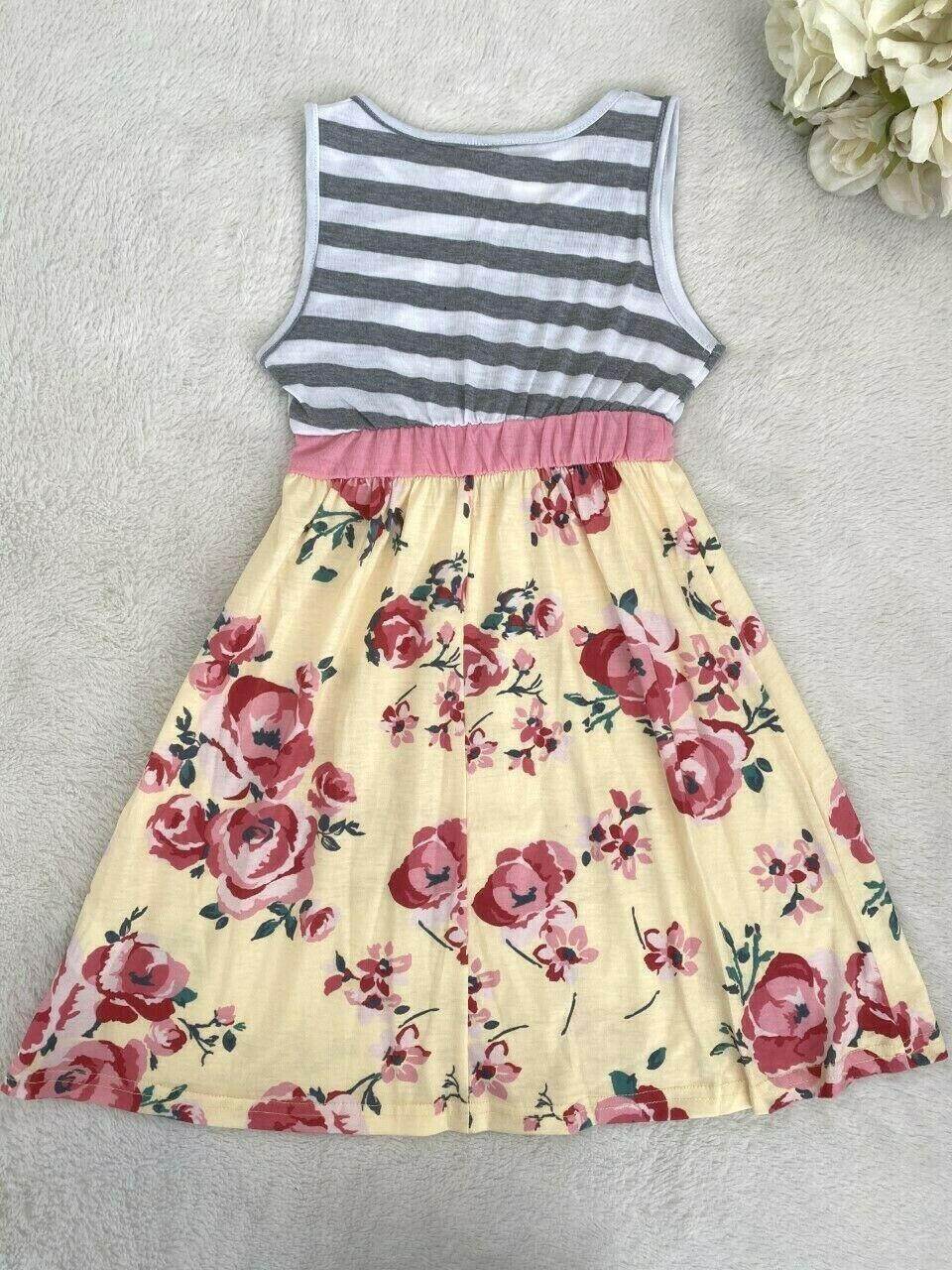 size 4-5 years new girls dress grey stripe bodice yellow & pink floral dress - MARIGOLD