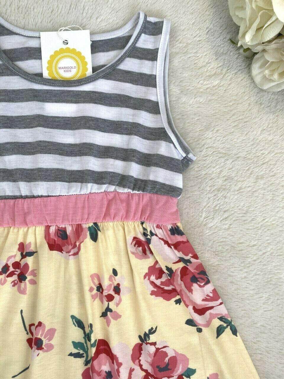 size 4-5 years new girls dress grey stripe bodice yellow & pink floral dress - MARIGOLD