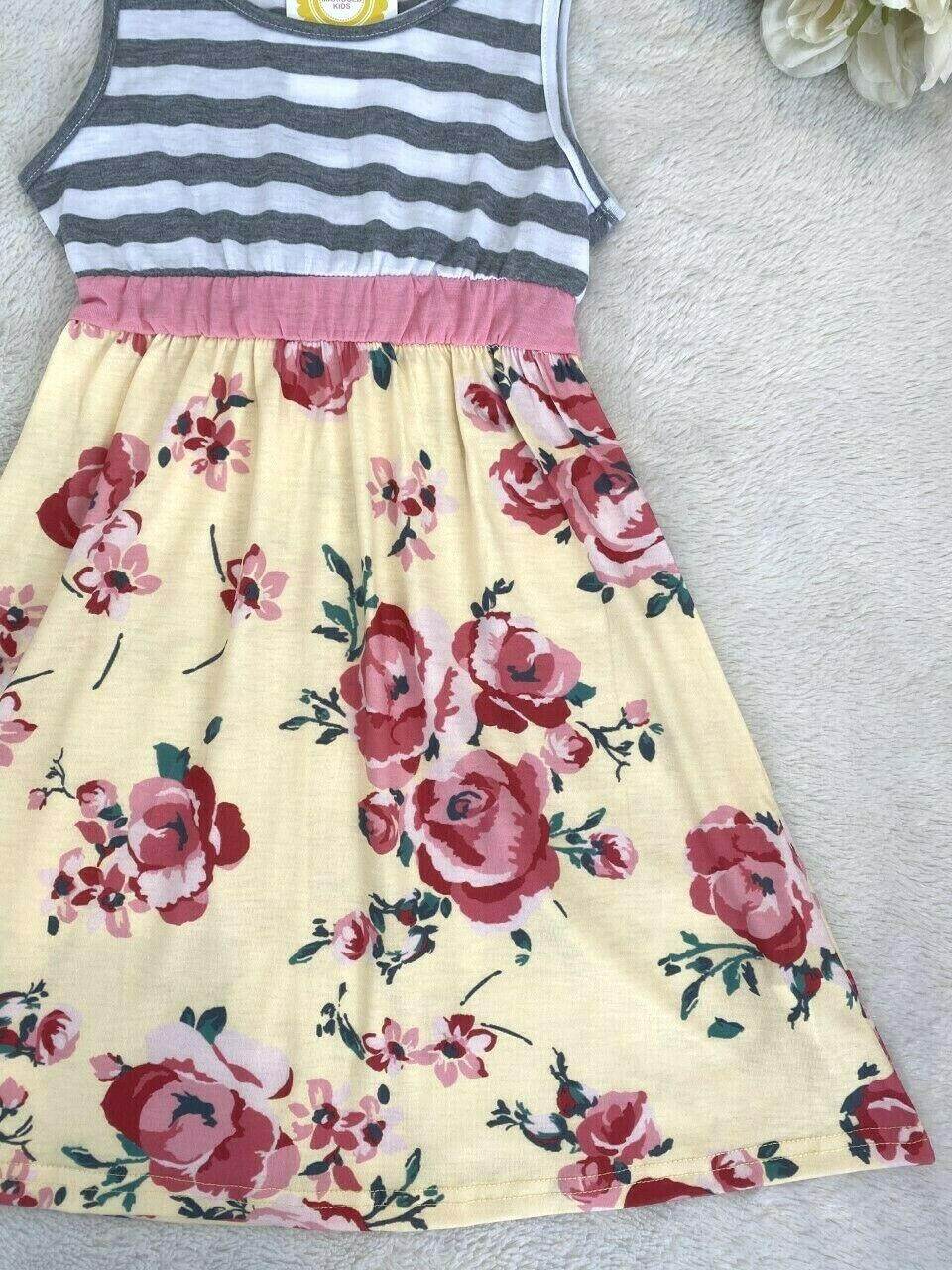 size 4-5 years new girls dress grey stripe bodice yellow & pink floral dress - MARIGOLD