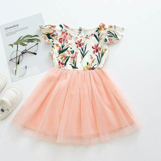 size 4-5 years new girls dress pretty floral flutter sleeve pink tulle dress - MARIGOLD
