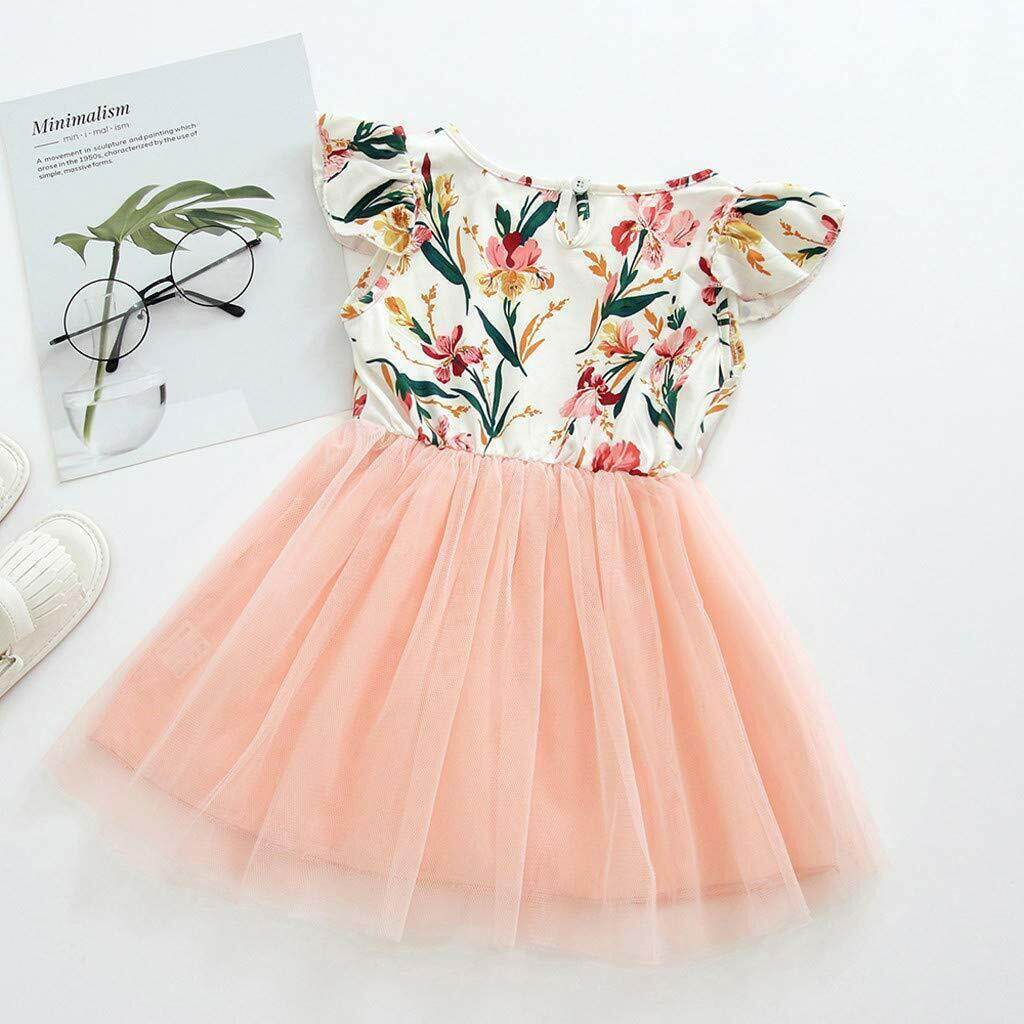 size 4-5 years new girls dress pretty floral flutter sleeve pink tulle dress - MARIGOLD