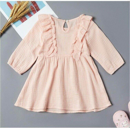 size 9-12 months new baby girls dress pink long sleeve ruffle baby girls dress - MARIGOLD