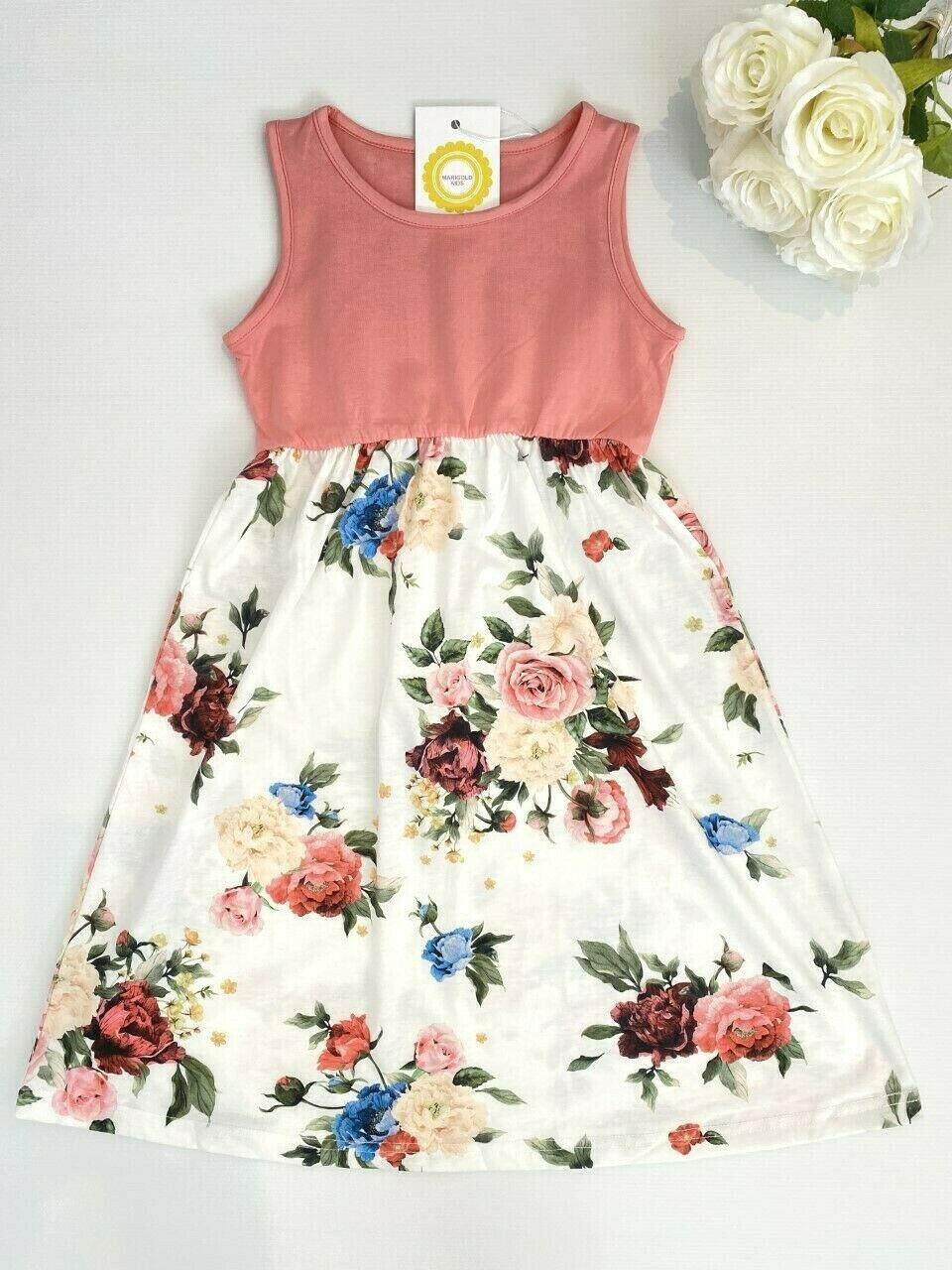 Pink & White Floral Long Girls Dress - MARIGOLD