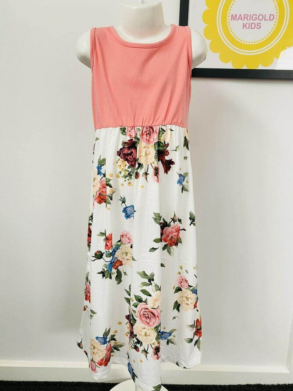 Pink & White Floral Long Girls Dress - MARIGOLD