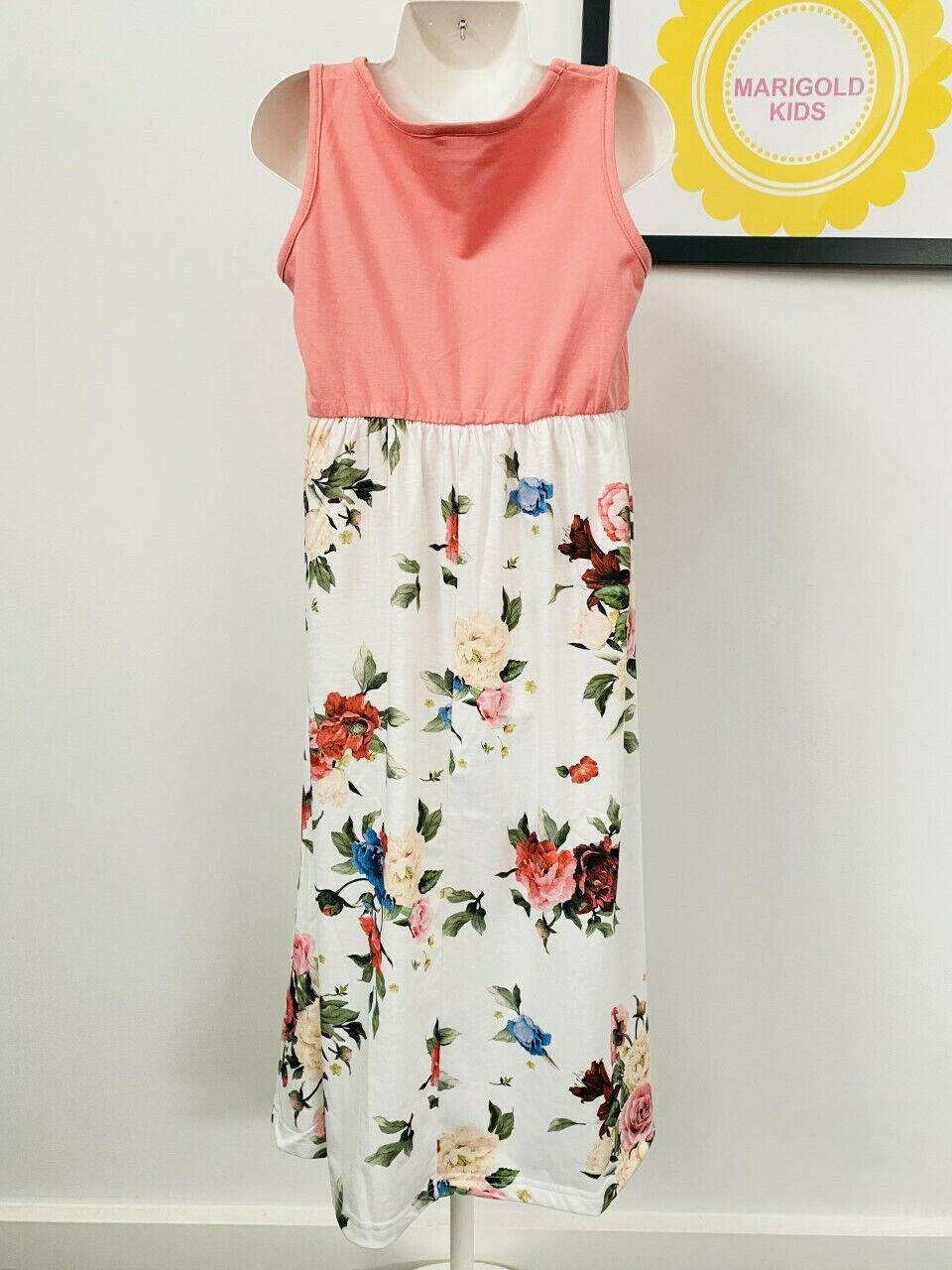 Pink & White Floral Long Girls Dress - MARIGOLD