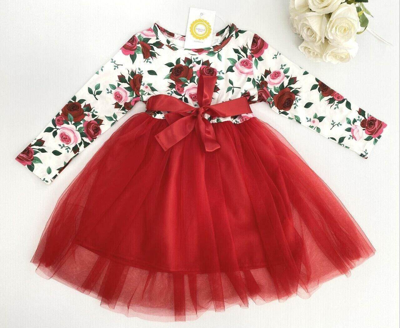 Girls' Red Rose Print Tulle Dress - Special Occasion - MARIGOLD