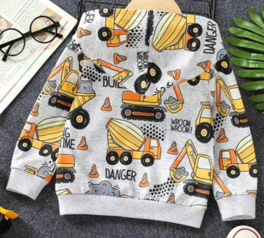 Boys Hoodie Top New Boys' Light Grey Construction Vehicle Print Hoodie Top - MARIGOLD