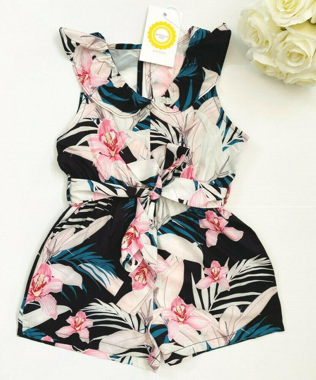 size 3/4/6/8 years new girls playsuit pink lily black belted playsuit/romper - MARIGOLD