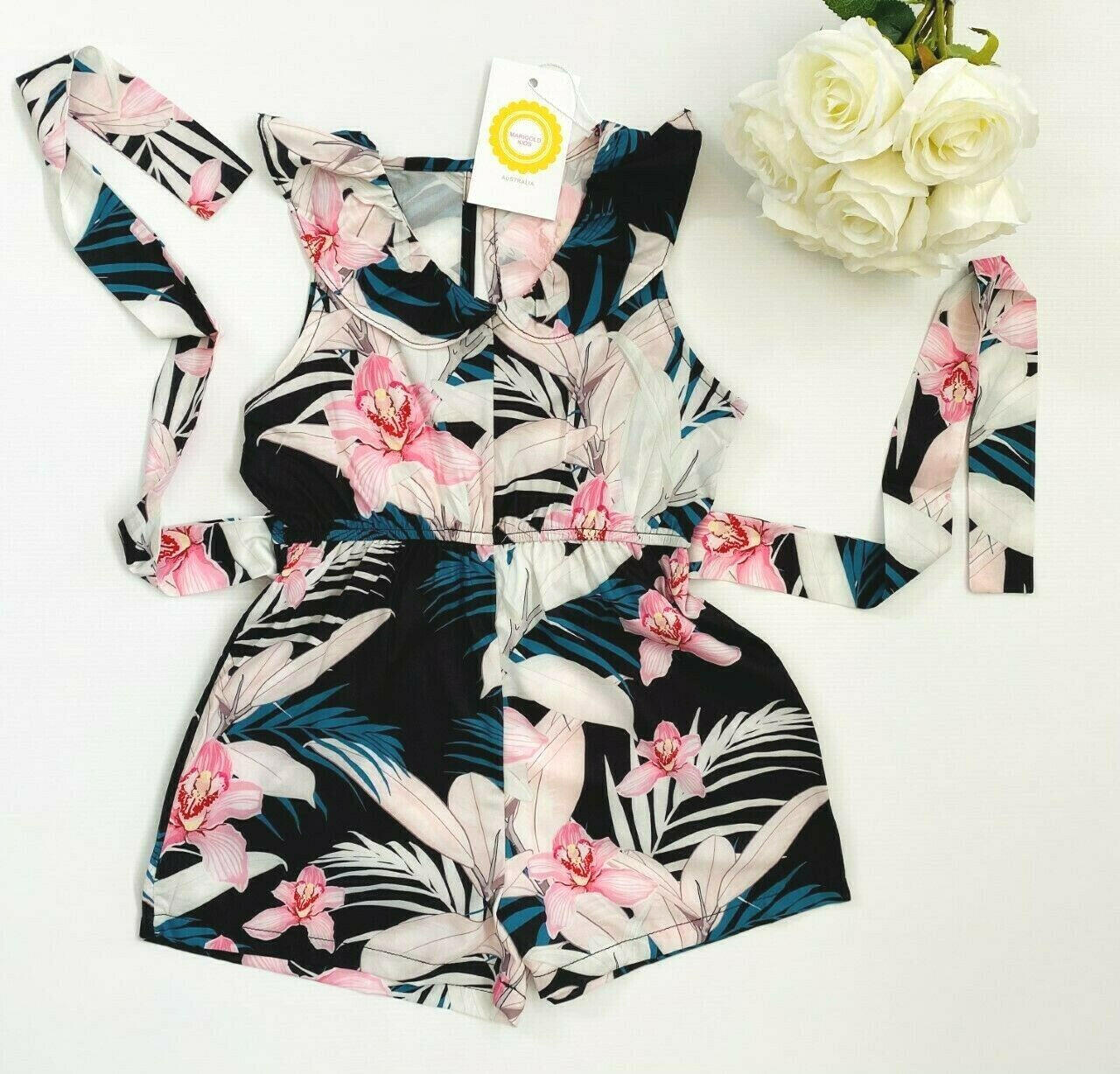 size 3/4/6/8 years new girls playsuit pink lily black belted playsuit/romper - MARIGOLD
