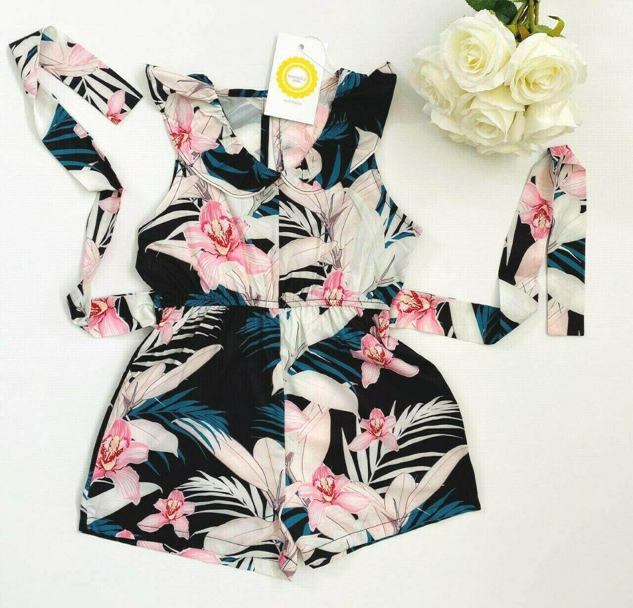 size 3/4/6/8 years new girls playsuit pink lily black belted playsuit/romper - MARIGOLD