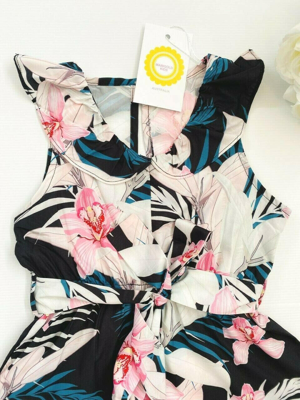 size 3/4/6/8 years new girls playsuit pink lily black belted playsuit/romper - MARIGOLD