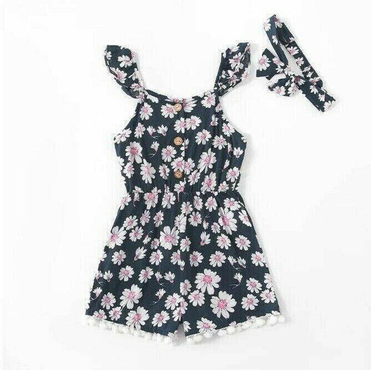 size 3/4/6/8y girls navy blue white pink floral pom pom playsuit & headband set - MARIGOLD
