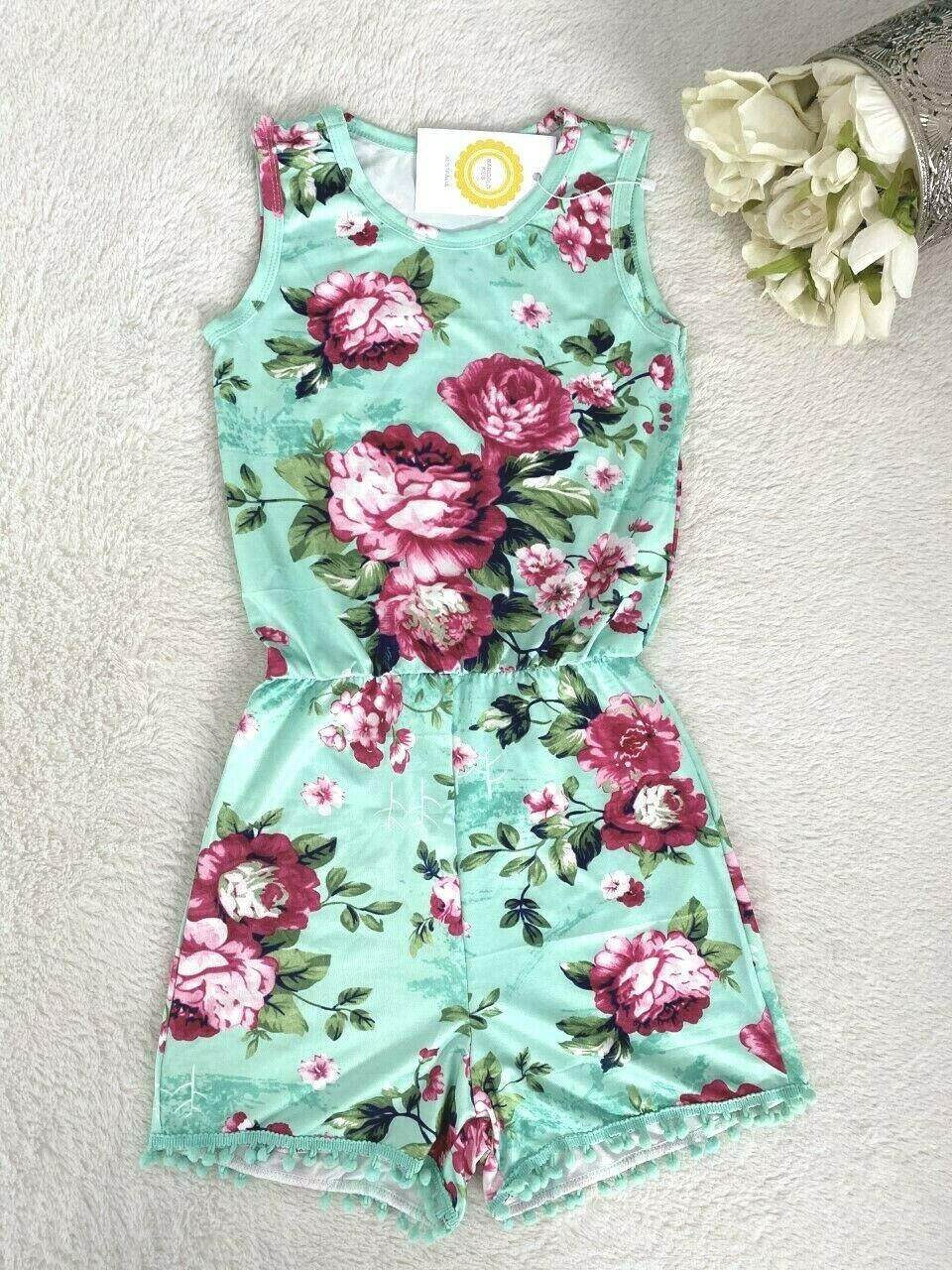 Girls Romper Size 3 to 6 years Pink/Green/Blue Floral Pom Pom Trim Playsuit - MARIGOLD