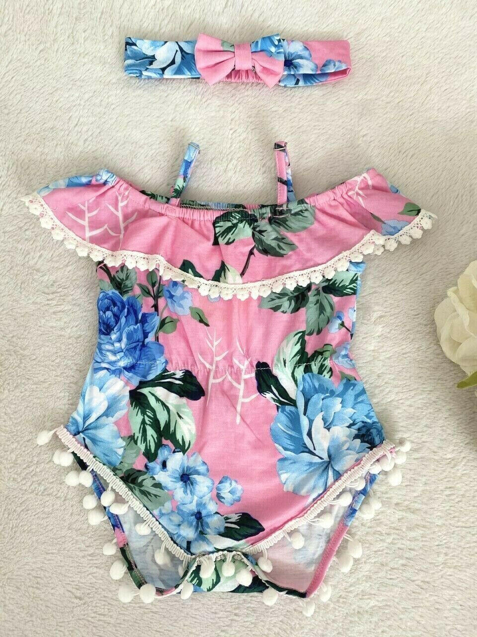 Baby Girls Clothing Size 6-9 months Pink Floral Pom Pom Trim Romper & Headband - MARIGOLD