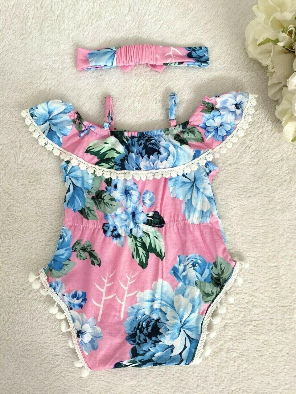 Baby Girls Clothing Size 6-9 months Pink Floral Pom Pom Trim Romper & Headband - MARIGOLD