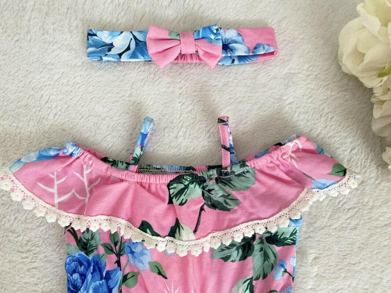Baby Girls Clothing Size 6-9 months Pink Floral Pom Pom Trim Romper & Headband - MARIGOLD