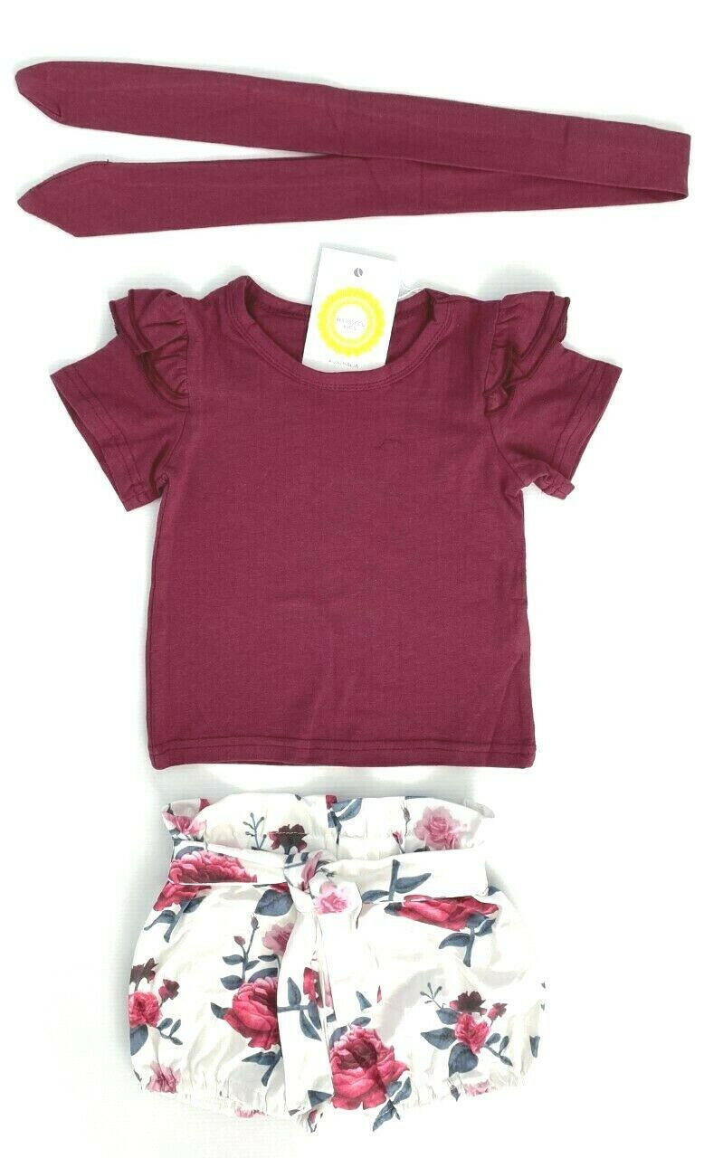 Baby girls outfit burgundy red rose top shorts and headband set - MARIGOLD