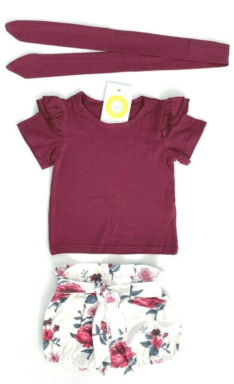 Baby girls outfit burgundy red rose top shorts and headband set - MARIGOLD