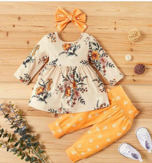 Girls clothing new girls yellow floral long top pants and headband set - MARIGOLD