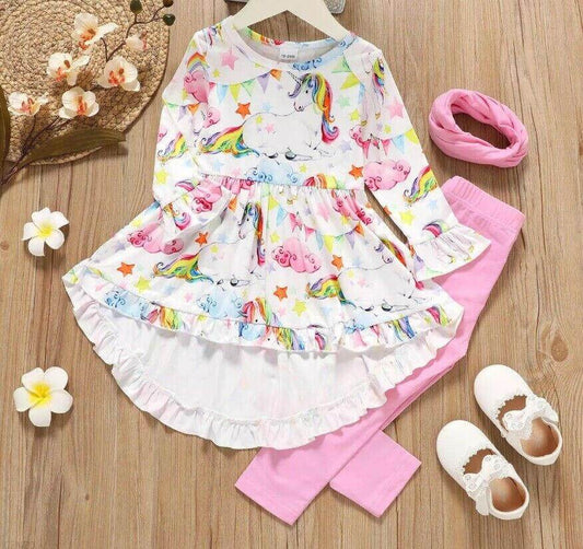 girls rainbow star unicorn hi-lo top & pink leggings set size 18-24m/2y/3y/4y/5y - MARIGOLD