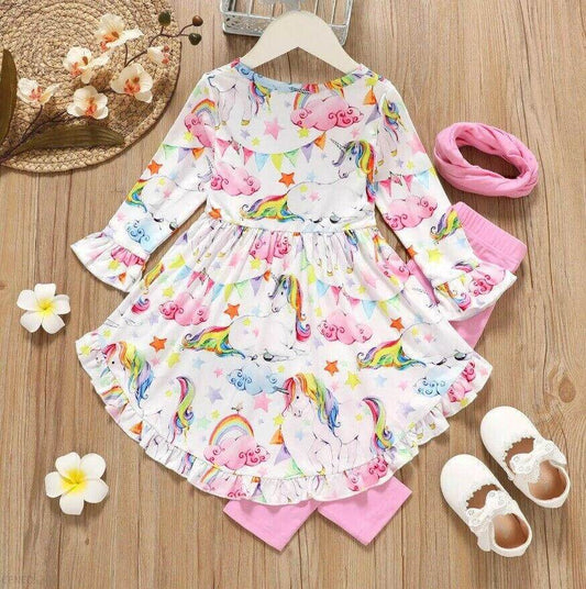 girls rainbow star unicorn hi-lo top & pink leggings set size 18-24m/2y/3y/4y/5y - MARIGOLD
