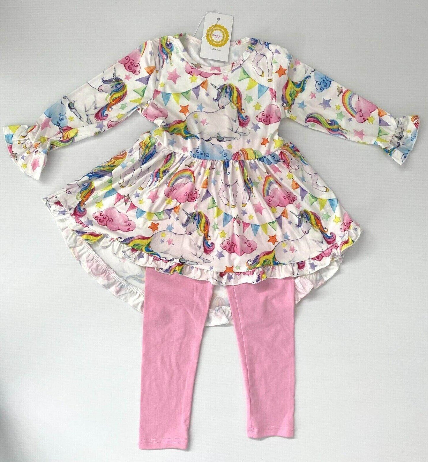 girls rainbow star unicorn hi-lo top & pink leggings set size 18-24m/2y/3y/4y/5y - MARIGOLD