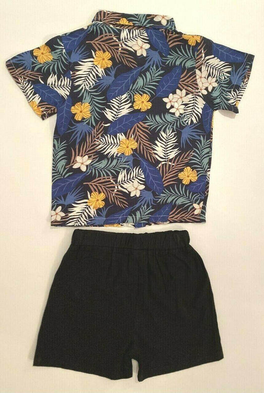 New Boys Outfit/Set: Tropical Shirt & Black Shorts - MARIGOLD