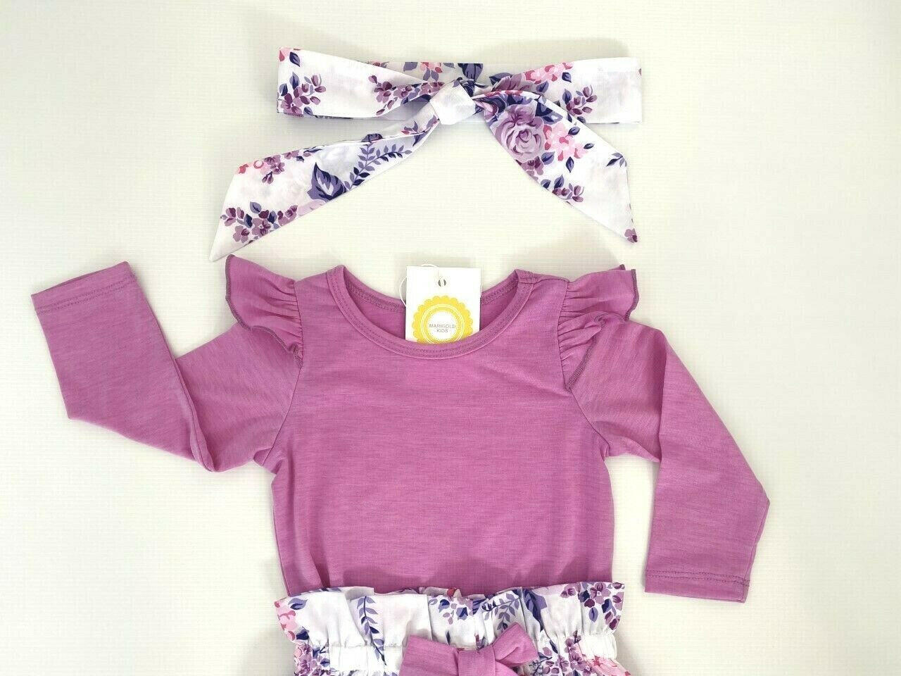 Baby girls outfit pink purple floral top, pants and headband set - MARIGOLD