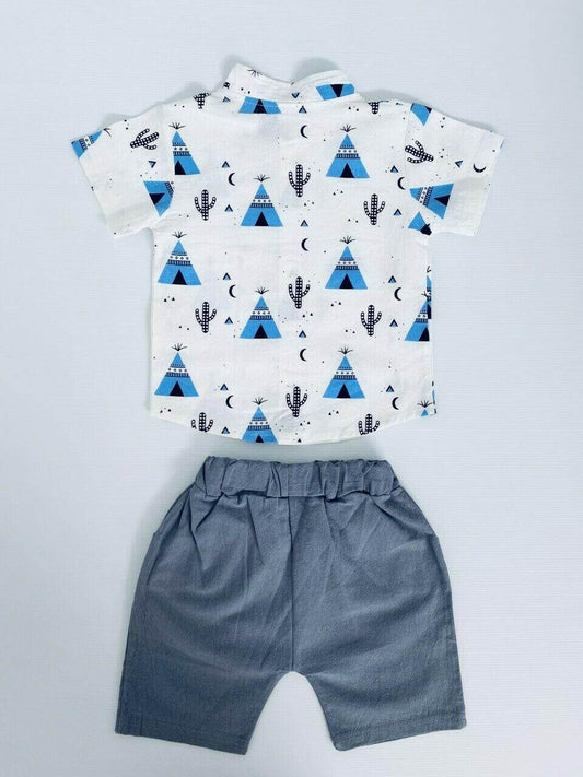 Boys' 2-Piece Blue Teepee Tent & Cactus Print Shirt and Shorts Set - MARIGOLD